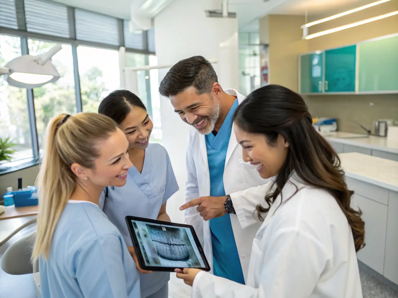 An image of a dental team using practice management software on tablets, showcasing mobile accessibility and collaboration.